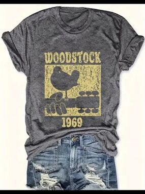 Vintage Woodstock 1969 Graphic Tee - Charcoal with Yellow Print